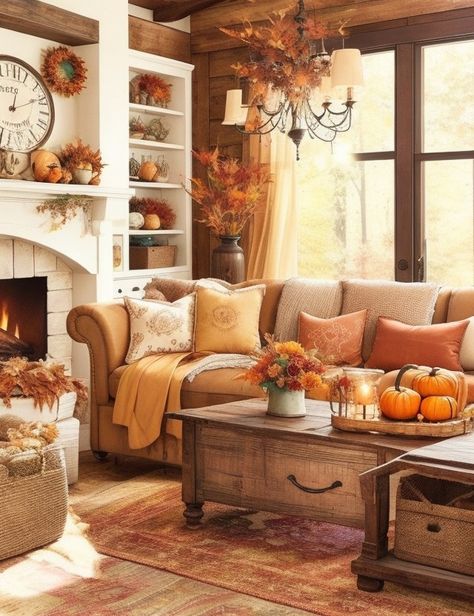 5 Dreamy Fall Farmhouse Living Room Decorating Ideas | Home Wall Art Decor Estilo Cottage, House Farm, Fall Living Room Decor, Fall Living Room, Autumn Decorating, Farmhouse Fall Decor, Ideas Living Room, Wallpaper Living Room, Fall Decorations