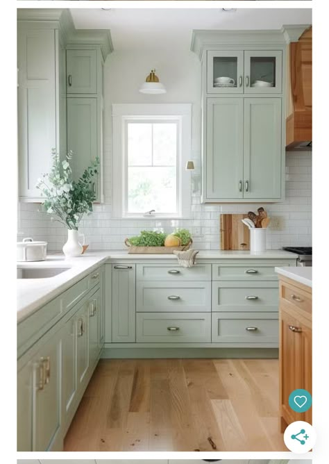 Green And Wood Kitchen Cabinets, Kitchens With Green Cabinets, Green And Wood Kitchen, Light Green Kitchen, Mint Green Kitchen, Paint Colors Kitchen, Kitchen Cabinet Paint, Green Kitchen Designs, Sage Green Kitchen