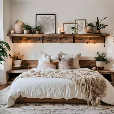 Master Bedrooms Headboards Diy, Wall Headboards For Beds, Cottage Core Bedroom Inspirations, Bedroom No Headboard Ideas, Shelf Above Headboard, No Headboard Bed Ideas, No Headboard Bedroom, Over Bed, Bedroom No Headboard