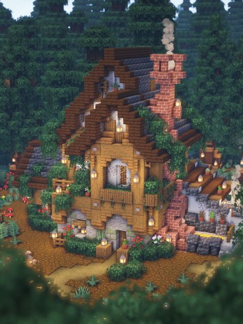 Minecraft House Ideas Wood, Medieval House Design, Spruce Minecraft House, Minecraft Fantasy House, Minecraft Medieval House, Cottage Core Minecraft House, Medieval House, Minecraft House Plans, Minecraft Cottage