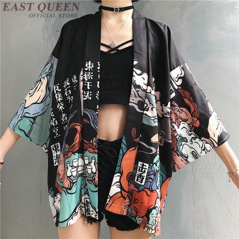 Tienda Online Kimonos mujer 2019 kimono japonés cardigan cosplay camisa blusa para mujeres japonés yukata mujer verano playa kimono FF1126 | AliExpress móvil Loose Kimono, Chique Outfit, Island Outfit, Kawaii Shirts, Beach Kimono, Kimono Vintage, Japanese Streetwear, Kimono Cardigan, 가을 패션