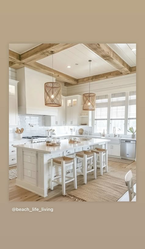 Becki Owens Kitchen, Beachy Kitchens, Modern Coastal Kitchen, Coastal Kitchen Design, Coastal Kitchen Decor, White Tile Backsplash, All White Kitchen, Rattan Dining Chairs, Coastal Kitchen