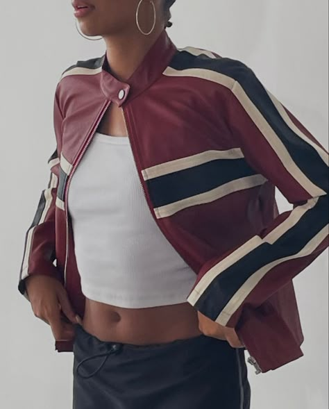 Striped Jacket Outfit, Colored Leather Jacket, Striped Leather Jacket, Unique Leather Jacket, Maroon Jacket, Fall Winter Jacket, Motorcycle Outfit, Striped Jacket, Feminine Outfit