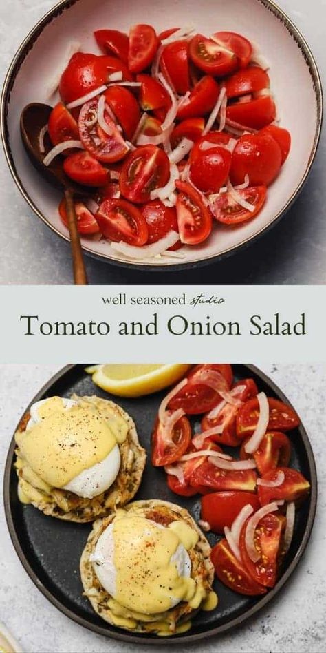 This refreshing and light tomato and onion salad comes together in minutes and is a great summer side dish alongside breakfast, lunch, or dinner. The marinade is equal parts extra virgin olive oil and red wine vinegar, and intensifies as it sits. GF, DF, V. #wellseasonedstudio #tomatosalad #onionsalad #tomatoes #summer #sidedish #sidesalad Tomato Onion Salad, Tomato And Onion Salad, Asian Side Dishes, Marinated Tomatoes, Summer Side Dish, Onion Salad, Summer Tomato, Small Tomatoes, Summer Side Dishes