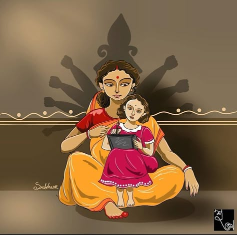 Mahalaya Drawing, Durga Puja Drawing, Motherhood Drawing, Childhood Memories Art, Bengali Art, Durga Painting, Indian Art Gallery, Goddess Artwork, Indian Folk Art