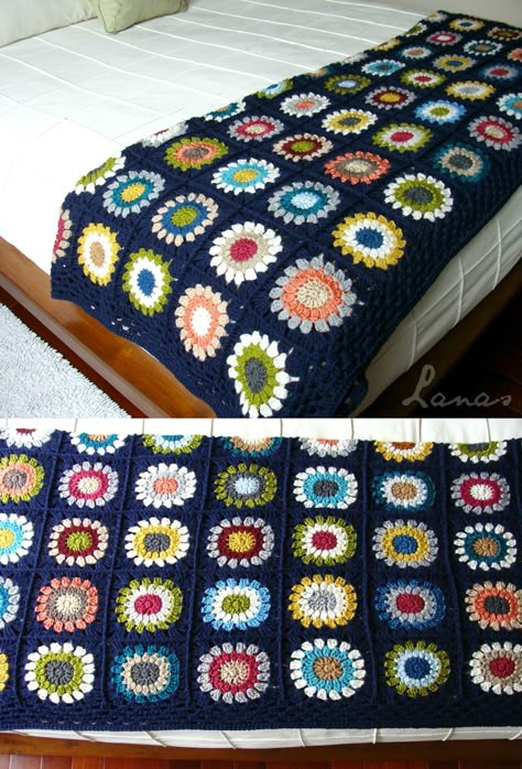 The Blue Canvas blanket is all finished…all 108 squares and border! Patchwork Crochet, Granny Blanket, Crocheted Blanket, Crochet Afgans, Crochet Blanket Afghan, Crochet Granny Square Blanket, Crochet Bedspread, Crochet Square Patterns, Granny Square Crochet Pattern