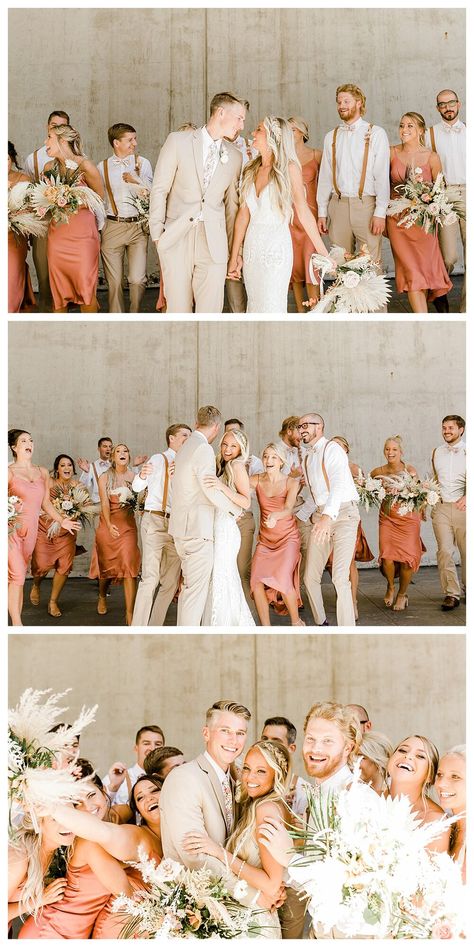 Rose Groomsmen Attire, Wedding Party Tan Suits, Tan Suites Wedding Party, Boho Wedding Party Photos, Wedding Colors With Tan Suits, Mix Match Wedding Party, Tan Tux Wedding Color Combos, Neutral Wedding Party Color Schemes, Boho Wedding Party Attire