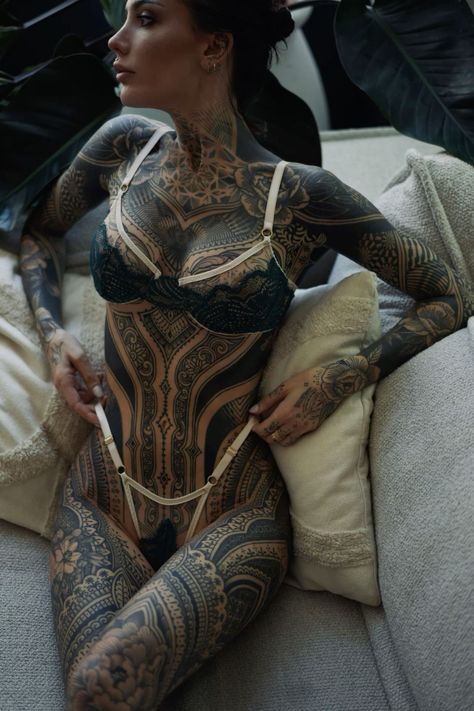 Bodysuit tattoo ornamental by dino vallely on blum.ttt Blackwork Tattoos For Women, Tattoo Body Suit Women, Blackwork Tattoo Back Woman, Tattoo Bodysuit Woman, Tattoos That Compliment Body Shape, Ornamental Bodysuit Tattoo, Bodysuit Tattoos Women, Geometric Blackwork Tattoo, Full Tattoo Women