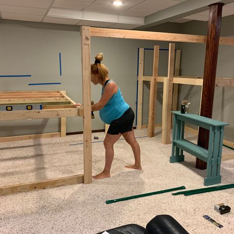 Diy Basement Jungle Gym, Basement Loft Ideas, Basement Climbing Gym, Diy Indoor Playhouse With Slide, Indoor Playroom Diy, At Home Indoor Playground, Diy Indoor Jungle Gym, Diy Indoor Jungle Gym For Kids, Diy Climbing Frame