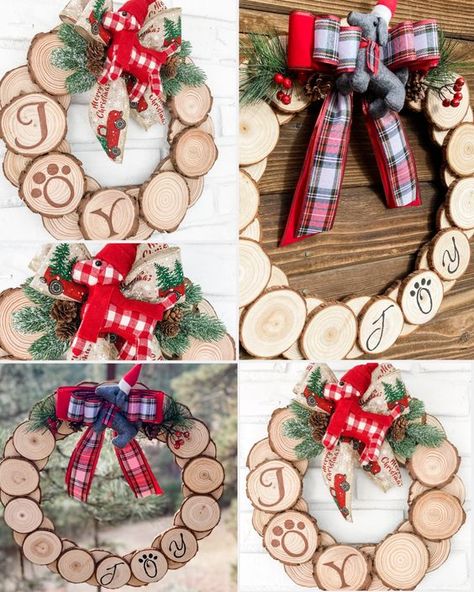 DIY Wood Disc Holiday Dog Wreath Wooden Wreath Ideas Christmas, Wooden Wreath Ideas, Country Christmas Decorations Diy, Log Decorations, Wood Discs Crafts, Shelves On The Wall, Dog Christmas Wreath, Dog Wreaths, Projects Design Ideas