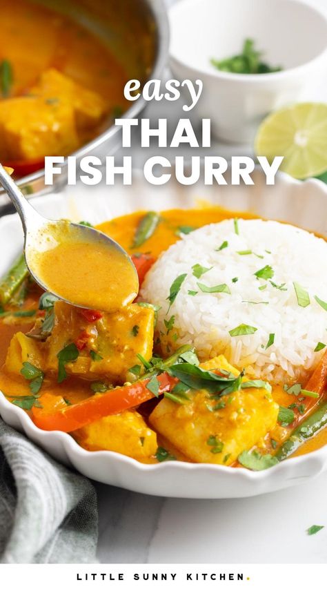 This quick and easy Thai Fish Curry features tender fish gently simmered in a rich coconut curry sauce infused with vibrant Thai spices. Fish In Curry Sauce, Thai Curry Fish Recipes Coconut Milk, Mahi Mahi Coconut Curry, White Fish Curry Coconut Milk, Yellow Fish Curry, Coconut Curry Fish Recipe, Curried Fish Recipes, Curry Fish Recipes Coconut Milk, Coconut Curry Fish