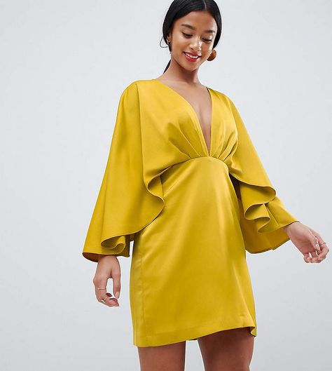 ASOS Petite ASOS DESIGN Petite satin cape kimono sleeve deep plunge mini dress #ad Kimono Dress Diy, Short Yellow Dress, Robe Diy, Dress With Kimono, Kimono Sleeve Dress, Plunging Neck Dress, Classy Wear, Plunge Mini Dress, Satin Cocktail Dress