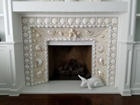 Beach Fireplace, Coastal Decor Bathroom, Elegant Coastal Decor, Coastal Fireplace, Shell Mirrors, Coastal Curtains, Shell Chandelier, Shell Mirror, Bedroom Light Fixtures