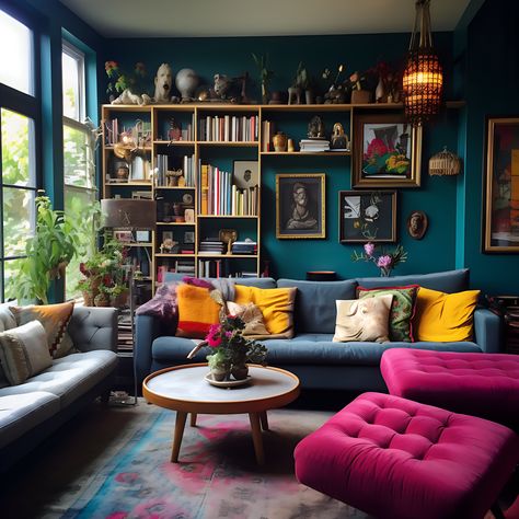 Maximalist Decor Grey Couch, Cosy Eclectic Home, Jewel Tone Couch Living Rooms, Bold Eclectic Living Room, Jewel Tone Maximalist Living Room, Jewel Colored Living Room, Cozy Eccentric Living Room, Jewel Tone Living Room White Walls, Bold Eclectic Decor