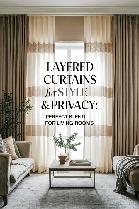 Living room with layered sheer and solid curtains, adding depth and a sophisticated look. Layering Curtains Living Room, Layered Curtains Living Room, How To Layer Curtains And Sheers, Curtain Layering Ideas, Double Curtains Living Room, Layering Curtains, Lengthen Curtains, Double Layer Curtains, High Curtains