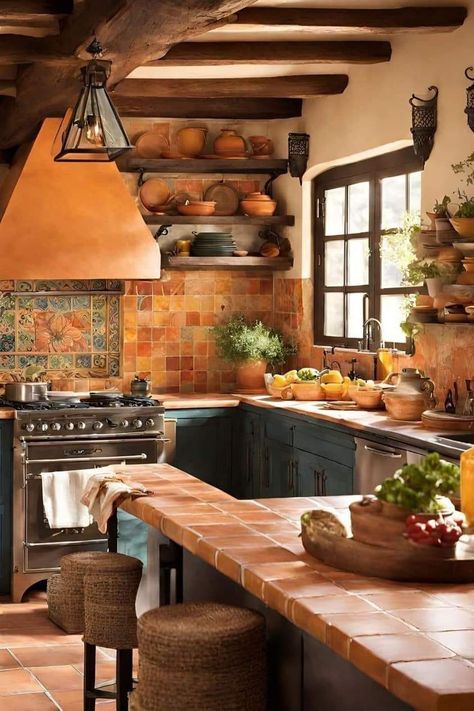 Italian Tiles Kitchen, Italian Countryside Kitchen, Rustic Italian Decor Tuscan Style, Mediterranean Tiles Kitchen, Spanish Style Kitchen Mexican Hacienda, Spanish Tiles Kitchen, Spanish Villa Kitchen, Italian Kitchen Aesthetic, Tuscan Farmhouse Kitchen