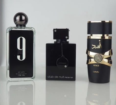 Pick one of these three amazing, affordable middle-eastern fragrances! On the left we have 9pm by afnan which is sweet, a bit fruity but also fresh. It's a great scent for teenagers or a night out. In the middle is Club de Nuit Intense Man which smells citrusy and fresh with a smokey-woody base. And last but not least on the right is Asad by Lattafa which is long lasting mix of pineapple in the opening which goes a very long way ✌️ Dm to shop 🛍️ Available to order Price ranging fro... 9pm Perfume, Afnan Perfumes, Afnan 9pm, Fragrance Business, Perfume Business, Parfum Collection, Fragrance Lab, Smell Nice, Tropical Scent