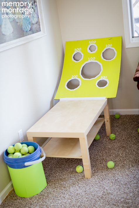 homemade tennis skee ball                                                                                                                                                     More Carnival Games Homemade, Tennis Crafts For Kids, Tennis Games For Kids, Diy Skee Ball, Tennis Crafts, Backyard Carnival, Tennis Birthday, Tennis Party, Tennis Event