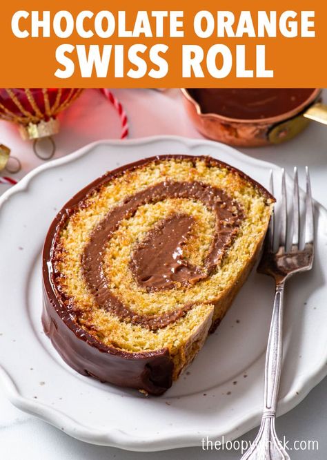 Chocolate Orange Swiss Roll - This stunning gluten free chocolate orange Swiss roll combines a soft, fluffy orange sponge with a rich chocolate orange pastry cream filling and a glossy dark chocolate ganache glaze. It’s packed full of flavour and really easy to make, and even though it’s gluten free, it rolls like a dream to give a perfect swirl without any cracking whatsoever. Christmas dessert. Christmas cake. Christmas recipes. Gluten free cake roll. Gluten free dessert. Gluten free recipes. Chocolate Orange Swiss Roll, Sponge Cake Roll Recipe, Orange Swiss Roll, Orange Pastry, Ganache Glaze, Orange Sponge Cake, Dessert Gluten Free, Chocolate Ganache Glaze, Sponge Cake Roll