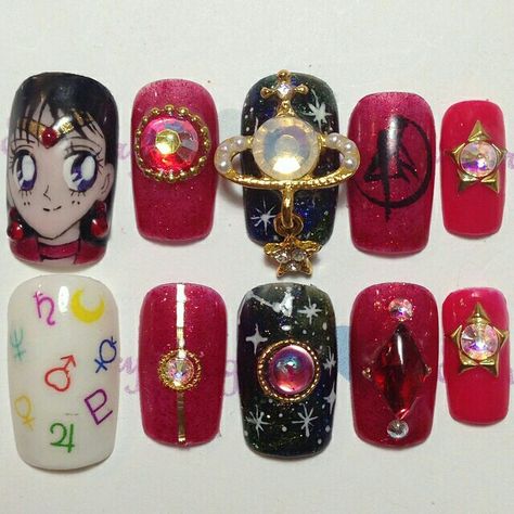 Mars Symbol, Sailor Moon Mars, Sailor Moon Nails, Moon Symbols, Moon Nails, Japanese Nail Art, Dark Nails, Press Ons, Sailor Mars