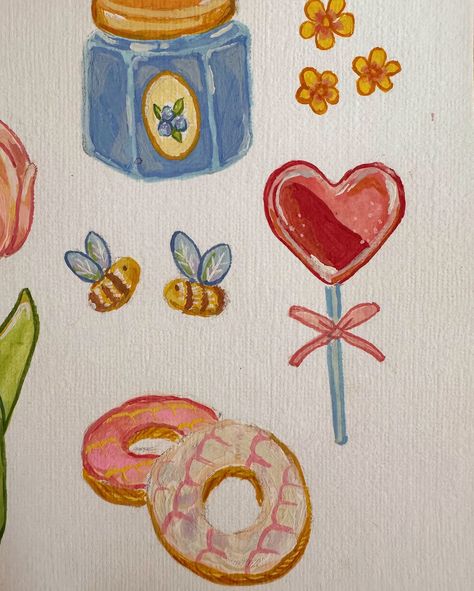 I think I’m finally getting the hang of gouache paints! 🥹 It’s been a busy week creating live on stream each day and I’m loving the progress I’ve been making with my art! Let me know which one of these mini paintings you like the best?! I’m torn between the jam and the tulip but then again the sweets are pretty cute!!! 🫐🌷 . #artistoninstagram #gouachepainting #gouache #smallstreamer #twitchstreamer #creative Aesthetic Art And Craft, Cute Watercolour Ideas, Tchotchkes Ideas, Cute Food Paintings, Goach Painting, Gouache Card, Art Simple Painting, Quick Painting Ideas, Catapult Project