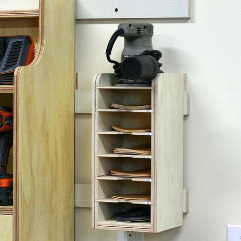 The Sandpaper Disc Storage Rack is all done and the post is live on FixThisBuildThat.com now. Head on over for a full tutorial and free build plans. You can whip this guy together in a couple hours and get organized.  Tag someone who needs some organization in their shop!  #shoporganization #tametheshop #fixthisbuildthat by fixthisbuildthat Paper Organizer, Orbital Sander, Woodworking Bed, Wood Crafting Tools, Sand Paper, Diy Garage Storage, Wood Shop Projects, Workshop Organization, Tool Cabinet