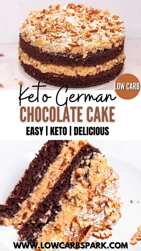 Almond Flour German Chocolate Cake, Keto Coconut Desserts, Keto German Chocolate Cake, Keto Roast, Sf Desserts, Keto Cake Recipes, Coconut Flour Cake, German Chocolate Cake Frosting, Chocolate Cake With Coconut