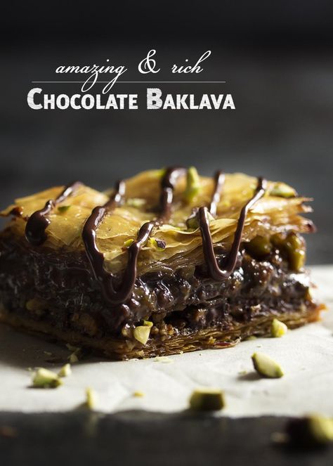 This chocolate baklava is packed full of pistachios and bittersweet chocolate, then drizzled with a honey syrup to make wonderfully rich Greek dessert! | justalittlebitofbacon.com Baklava Recipe Pistachio, Baklava Syrup Recipe, Greek Baklava Recipe, Riyadh Season, Chocolate Baklava, Gf Cooking, Greek Baklava, Greek Dessert, Greek Festival