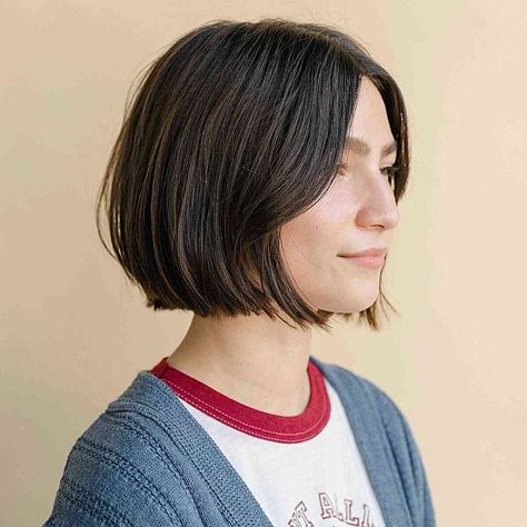 27 Face-Framing Bob Haircut Examples to See Before You Decide Bob With Double Chin, Chin Bob Curtain Bangs, Tucked Bob Hairstyle, French Bob Haircut Chin Length, Lilly Collins Hair Bob, Chin Length Hair No Bangs, Short Bob Face Framing, Short Bob Face Framing Layers, Slight A Line Bob