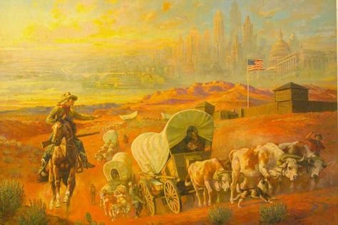 "Manifest Destiny" oil on canvas, beautifully framed is a masterpiece of historic art by Walter Haskell Hinton. Contact us for information. Manifest Destiny Art, American Pioneers, Destiny Art, Westward Expansion, Historic Art, Manifest Destiny, Oregon Trail, Leg Sleeve, Anglo Saxon