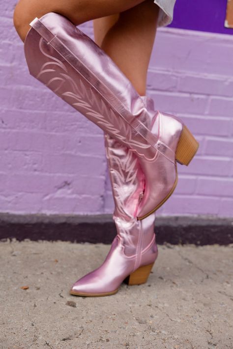 Details Metallic Pink boots Faux leather fabric Pointed toe with a taller length Pair these cute boots with a mini skirt and sweater Heel Height: 2.5" Shaft height 17" Circumference 10" Material and Care Made of all manmade materials. Dry sponge clean. Colors will vary from different devices. If you are returning a pair of shoes: Shoe boxes must be encased in another box for shipping to protect the items. If you send shoes back with stickers and return labels directly on the box, or if the shoe Pink Cowgirl Boots Outfit, Mini Skirt And Sweater, Pink Cowboy Boot, Eras Outfit, Skirt And Sweater, Pink Cowboy Boots, Cocktail Dress Wedding Guest, Pink Cowboy, Midi Bridesmaid Dress