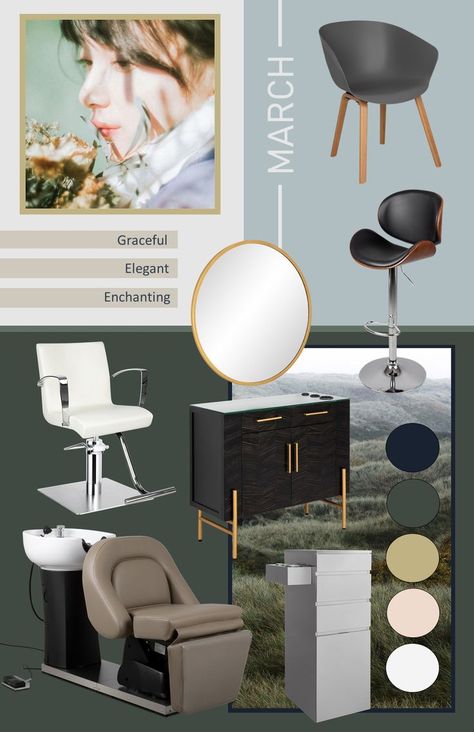 March Mood Board 2021 | Minerva Beauty March Mood Board, Minerva Beauty, Trade Show Design, Hair Salon Interior, Beauty Salon Interior, Neutral Background, Nature Green, Muted Tones, Salon Design