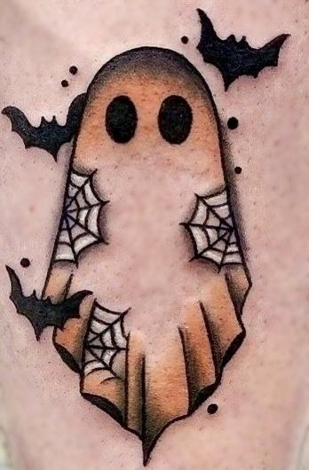 Pretty Horror Tattoo, Horror Filler Tattoos, Halloween Filler Tattoo, Ghost With Pumpkin Tattoo, Eerie Tattoos, Coffin Tattoo Design, Goosebumps Tattoo, Ghost Tattoo Design, Halloween Flash Tattoo