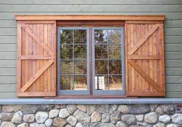 Hybrid Barn Barn Door Shutters, Barn Windows, Window Shutters Exterior, Glass Railings, Exterior Window, House Shutters, Rustic Exterior, Wooden Shutters, Shutters Exterior