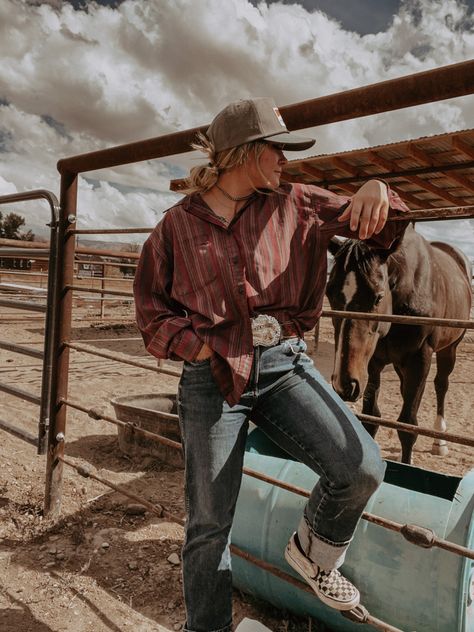 Western Horseback Riding Outfits, Tomboy Cowboy Outfits, Lesbian Country Outfits, Bandana Around Neck Outfit Country, Masc Country Outfits, Country Flannel Outfits, Ranch Outfits For Women Mexican, Womens Ranch Outfits, Western Grunge Style Summer