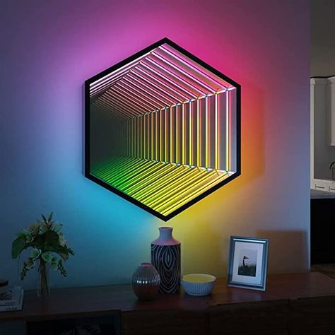 Complete the decor for the house and party with this LED multi-color infinity mirror. #decor #homedecor #led #mirror #infinitymirror #party #lights Infinite Mirror, Bar Outdoor, 3d Mirror, Visual Illusion, Infinity Mirror, Decorative Wall Sconces, Mirror With Led Lights, Unique Mirrors, Mirror Light