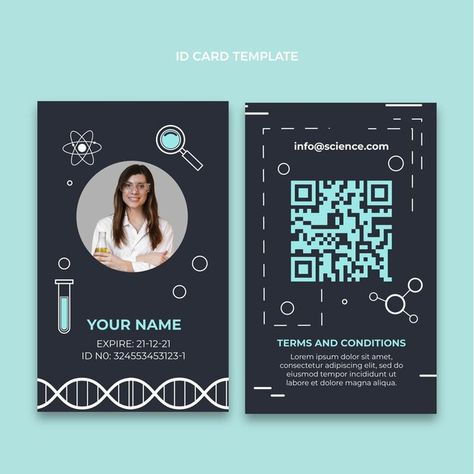 Flat style science id card template | Free Vector #Freepik #freevector #technology #template #id-card #science Staff Card, Science Lab Decorations, Ideas Negocios, Identity Card Design, Employee Id Card, Card Template Free, Employees Card, Name Tag Design, Anime Traps