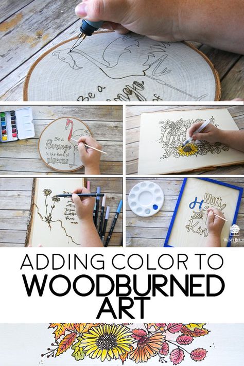 different ways to add Color to your Wood Burning Projects #woodburning #pyrography #coloring How To Add Color To Wood Burning, How To Paint Wood Burning Projects, Wood Burning With Color, Wood Burning And Watercolor, Wood Burning And Painting, Wood Burning Projects To Sell, Atomstack Projects, Wood Burning Crafts To Sell, Christmas Wood Burning