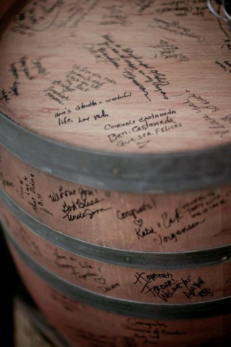 Guests sign wine barrel instead of guest book Wine Barrel Guest Book, Gift Table Ideas, Newlywed Home, 20th Anniversary Party, Wine Barrel Ideas, Barrel Wedding, Wedding Day Decor, Barrel Ideas, Barrel Furniture