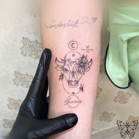 Pretty Taurus Tattoo, Taurus Arm Tattoos For Women, Lamborghini Tattoo, Taurus Bull Tattoos For Women, Taurus Tattoo For Women, Ox Tattoo, Taurus Tattoo, Baby Tattoo Designs, Inner Arm Tattoo