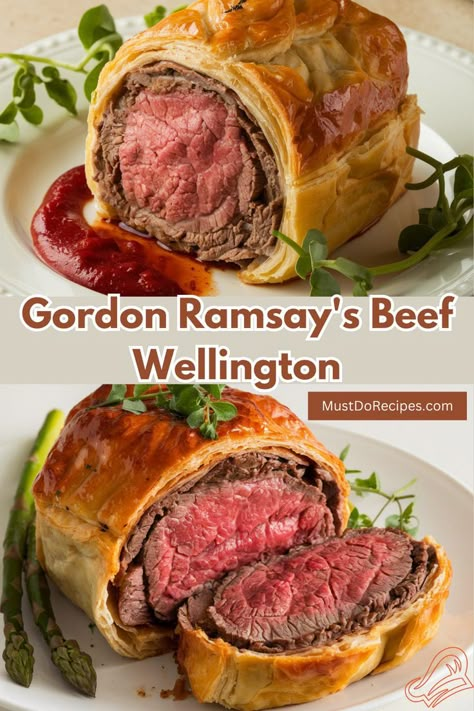 Master the art of Gordon Ramsay’s Beef Wellington! With step-by-step guidance, make a savory masterpiece that’s as impressive as it is delicious, featuring beef, mushroom duxelles, prosciutto, and golden pastry. Easy One Skillet Meals, Gordon Ramsey Beef Wellington, Best Beef Wellington Recipe, Vleis Resepte, Gordon Ramsay Dishes, Veggie Dinner Ideas, Gordon Ramsay Beef Wellington, Gordon Ramsey Recipes, Cooking Ribeye Steak