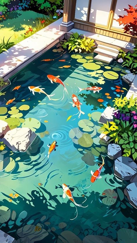 Bright Nature Aesthetic, Bright Wallpaper Backgrounds, Koi Fish Pond Aesthetic, Koi Pond Drawing, Bright Phone Wallpaper, Koi Fish Cute, Koi Aesthetic, Koi Pond Wallpaper, Koi Pond Art