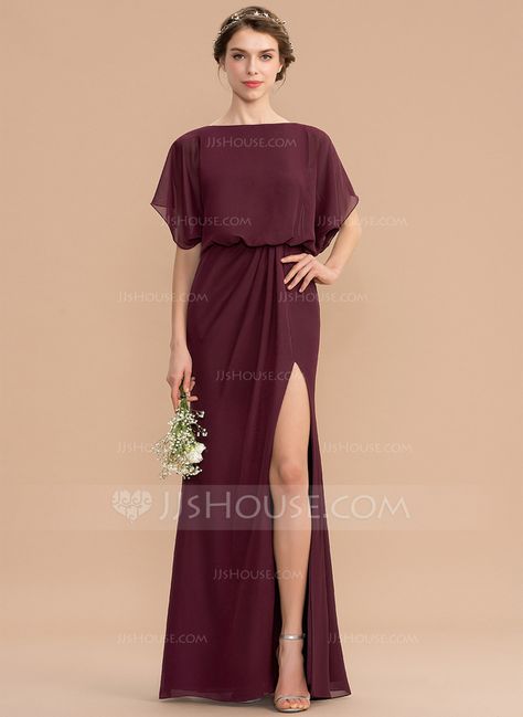 Sheath/Column Scoop Neck Floor-Length Chiffon Bridesmaid Dress With Ruffle Split Front (007176775) - Bridesmaid Dresses - JJ's House Bridesmaid Dress Summer, Dark Green Bridesmaid Dress, Summer Bridesmaid Dresses, Wedding Dress Organza, Floor Length Chiffon Bridesmaid Dresses, Satin Cocktail Dress, Bridesmaid Dress Styles, Column Dress, Lilac Dress