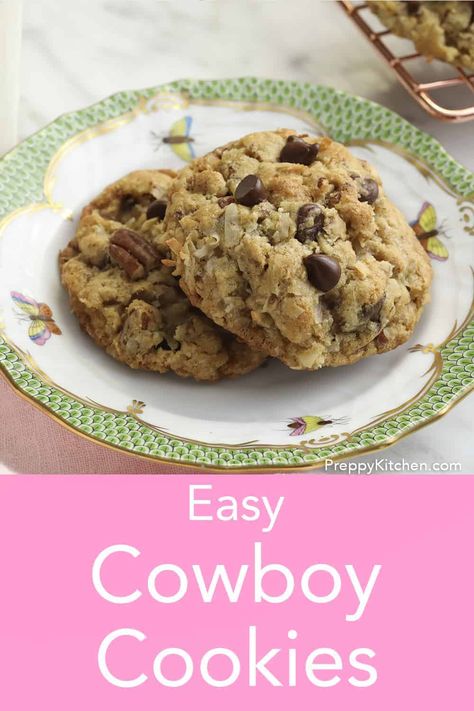 Chewy Cowboy Cookies, Cowboy Cookie Recipe, Oats Chocolate, Best Oatmeal Cookies, Easy To Make Cookies, Toffee Chips, Cowboy Cookies, Preppy Kitchen, Chewy Cookies