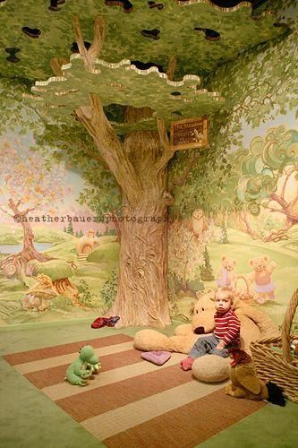 8 Fabulous Fairy Tale Bedroom Inspirations Unicorn Mural, Fairytale Bedroom, 100 Acre Wood, Winnie The Pooh Nursery, Green Ideas, Tree Mural, Dream Nurseries, Child Room, Green Carpet