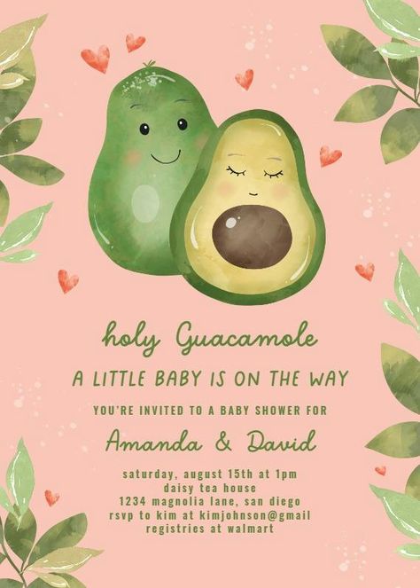 Avocado Gender Reveal Ideas, Avocado Themed Baby Shower Ideas, Avocado Gender Reveal, Avocado Baby Shower Theme, Diy Baby Shower Invitations, Avocado Stuff, Avocado Theme, Baby Shower Greetings, Babyshower Party