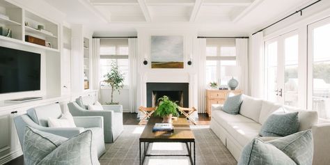 Simple tips from the pros to transform your rooms for 2022, from adding accessories, rearranging furniture and more Coffered Ceiling Family Room, Brick Room, Maine Living, Rearranging Furniture, Natural Wood Furniture, Black Rooms, White Fireplace, Coastal Living Rooms, Curtain Ideas