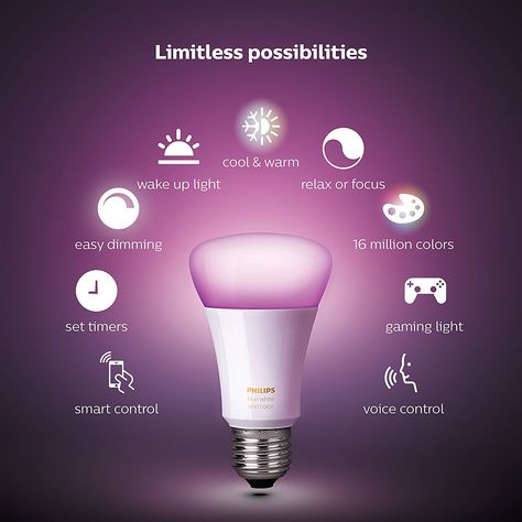 Philips Hue - Sync your Philips Hue lights with movies and music through your iOS and Android devices  #Colour Bulbs, 1 x Hue Bridge 2.0, 1 x Dimmer Switch, #Alexa #Lighting Philips Hue Lights, Hue Lights, Wireless Lights, 100 Dollars, Smart Bulbs, Hue Color, Smart Lights, Smart Bulb, Smart Light Bulbs