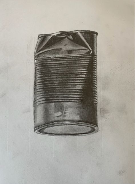 Using pencil to draw a broken tin can from still life observation. The inspiration for this drawing was the word ‘decay’ Crumpled Can Drawing, Steel Life Drawing Pencil, Tin Can Drawing, Can Drawing, Sketches Of Still Life Objects, Still Life Pots Drawing, Glass Containers Art Igcse, Easy Still Life Drawing, Pencil Shading Techniques