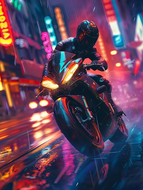 Prompt 👉 A man in black and helmet rides on the street, driving very fast at night with neon lights. He is holding onto his motorcycle. The background of city streets features reflections from raindrops. In cyberpunk style, he has high resolution, movie quality, full body portrait, cool tones, and wideangle shots.,,in hyper realistic photorealistic style. 👉 if Like, please Follow and Share AI Graphics Studio 👇Contact on WhatsAPP: http://tiny.cc/aigraphicsstudio #aigraphicsstudio #AI #Digita... Anime Motorcycle Guy, Motorcycle At Night, Cyberpunk Motorbike, Neon Motorcycle, Night Aesthetic Motorcycle, Glowing Motorcycle, Motorcycle City Night Aesthetic, Cyberpunk Men, Anime Motorcycle